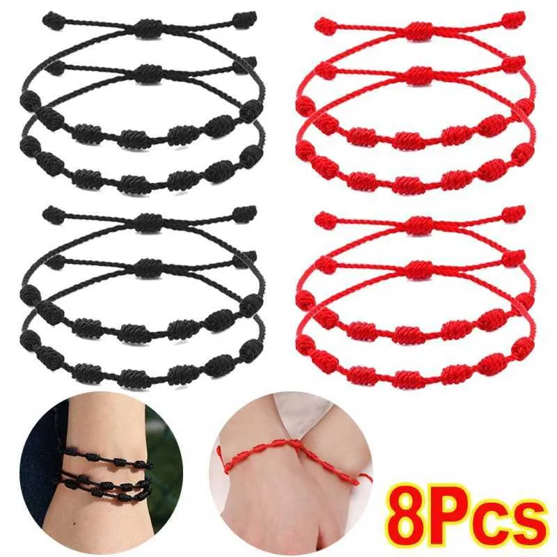 Beaded Lucky Knots Bracelets Handmade 7 Knot Black Red String Bracelet Braided Adjustable Bracelet Lover Friendship Bangle Lucky Bangle 240423