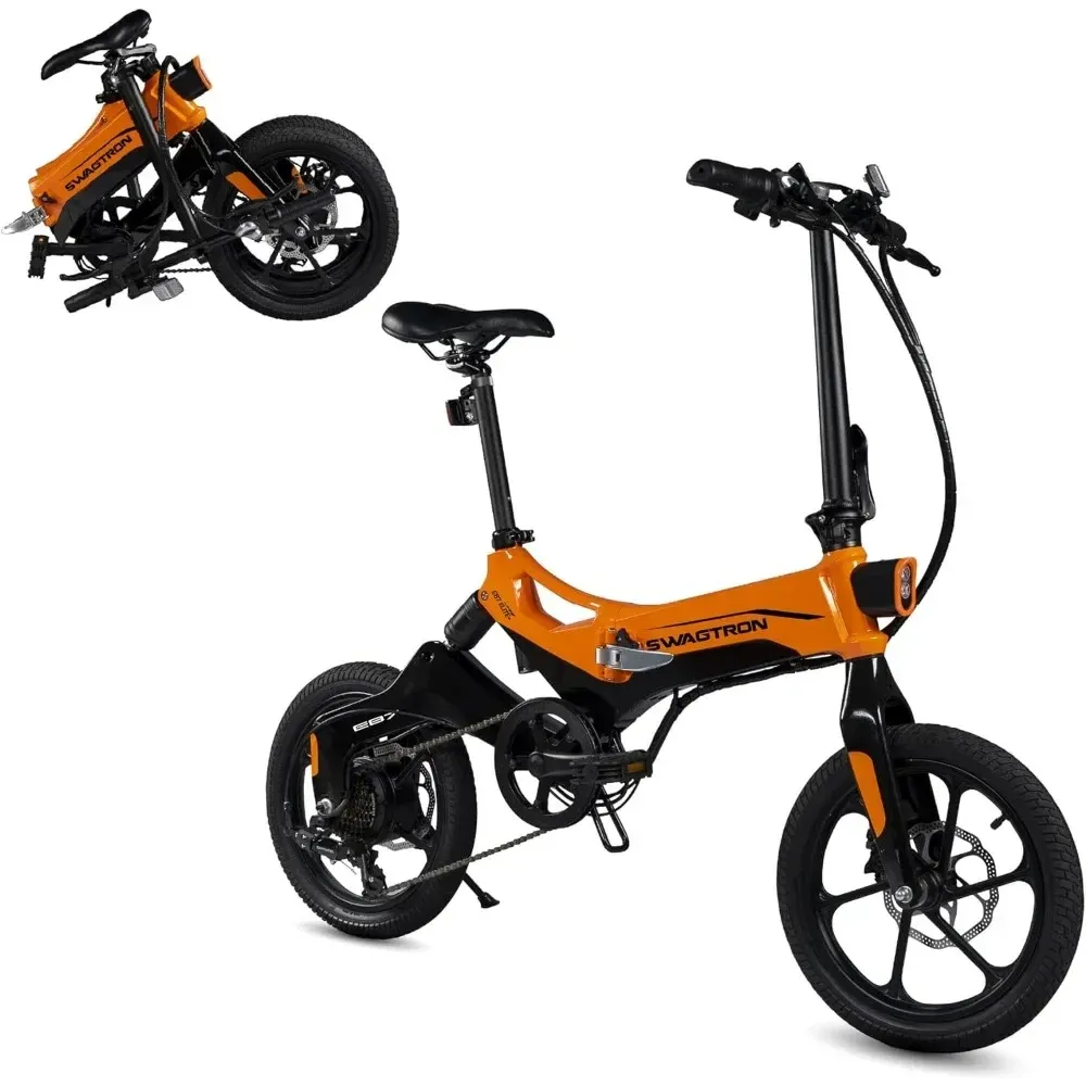 Bicicleta Swagtron Swagcycle Eb7 Elite Plus dobrável de bicicleta elétrica com bateria removível, laranja/preto, rodas de 16 ", 7Peed