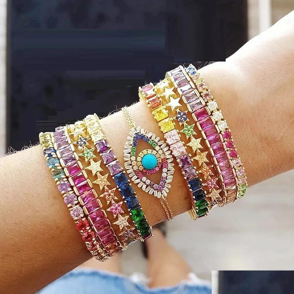 Bracelet Bangle de haute qualité Crystal Rainbow Baguette pour femmes pavées Clear AAA CZ Luxury Gold Pared Party Bijoux Gift Drop Dh856