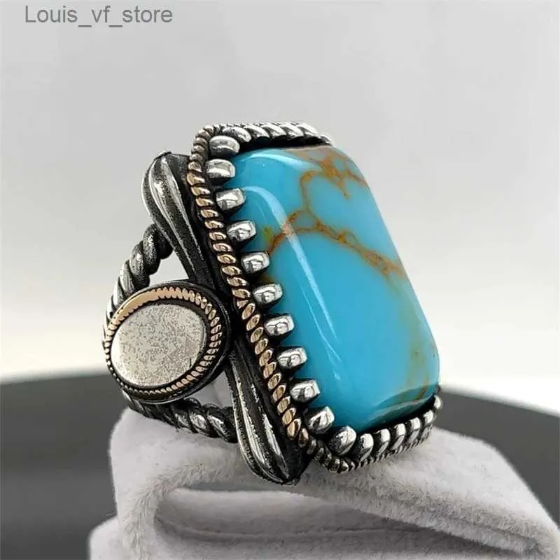 Band Rings Charm Square Geometry Blue Stone Grave Silver Colors Leaf for Men Party Jewelry Gift H240424