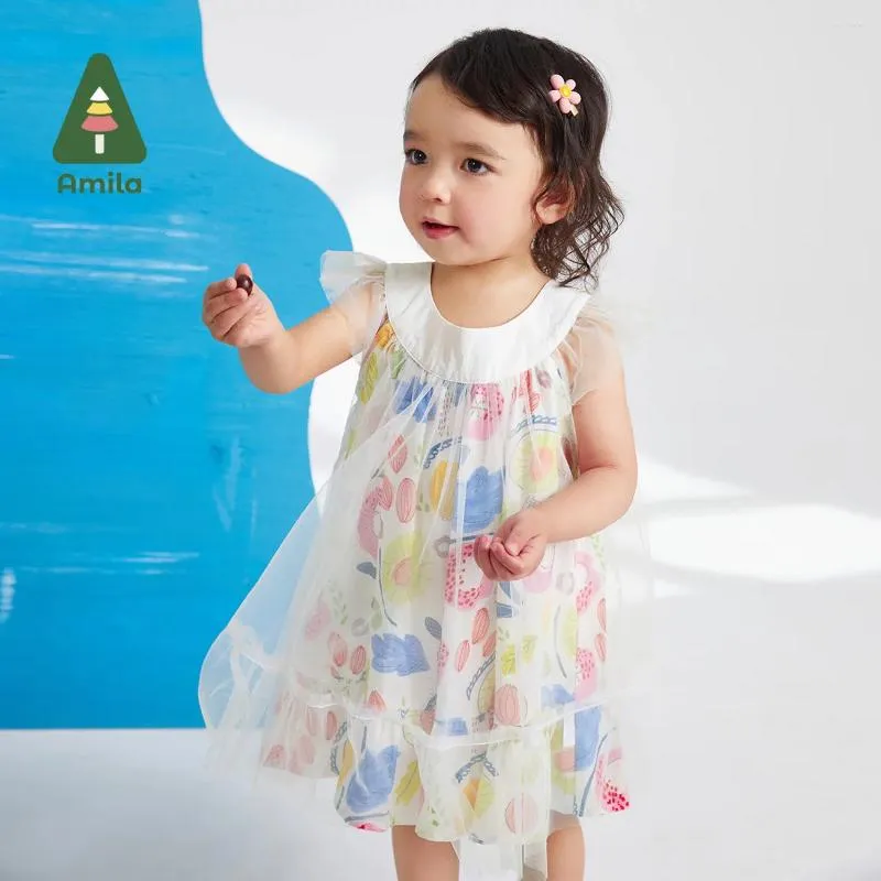 Mädchenkleider Amila Babykleid 2024 Sommer Süßblumenabdruck Netz nähen süße romantische ärmellose Kinderkleidung 0-6y