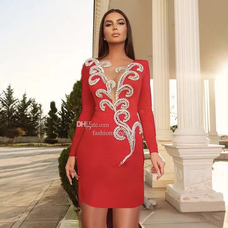 hot sale women lady sexy see through rhinestone long sleeve bandage dresses free ship HL3326