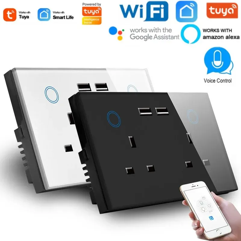 Plugs wi -fi parede soketusb carregador universal pluk standard tuya smart home soket crystal vidro painel