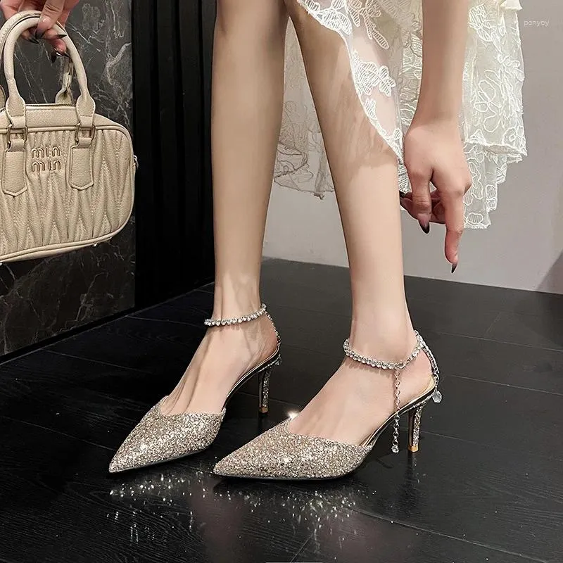 Scarpe eleganti taglia 33-41 sandali in oro di paillettes donne con tacchi alti punta tocco sottile silcer