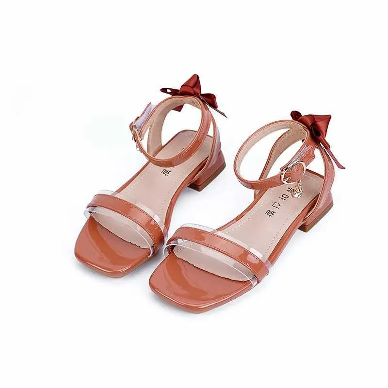Sandaler 2020 New Fashion Bow High Heel Big Kids Shoes For Girl Sandals Summer Barn Party Leather Shoes 3 4 5 6 7 8 9 10 11 12 Year 240423