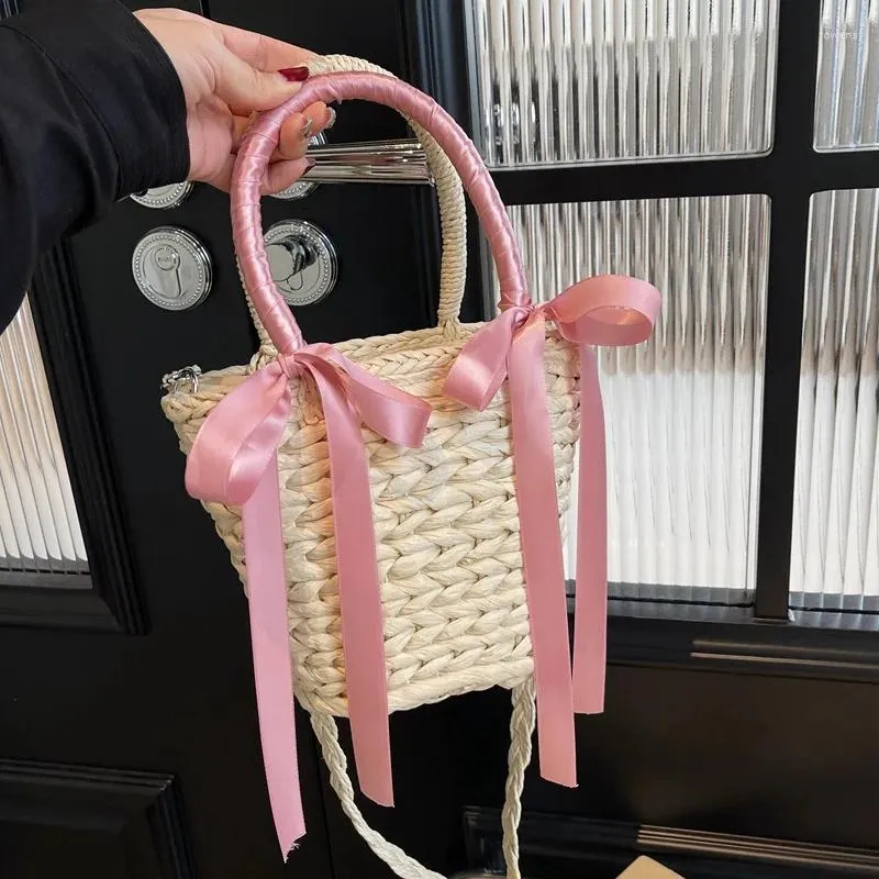 Totes Trendy Bow Design Straw Tote Kvinnor Handväskor och plånböcker axlar crossbody väskor sommarstrand damer messenger kopplingar väska