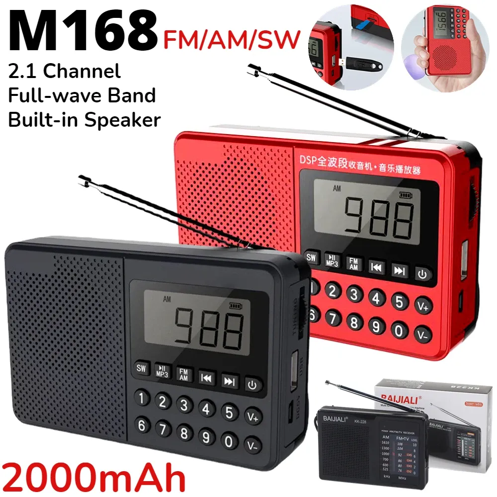 Radio M168 Radio Receiver FM / AM / SW Band complet Radio Digital Player MP3 Prise en charge USB Stick / TF Carte Mini Radio haut-parleur KK257 KK218