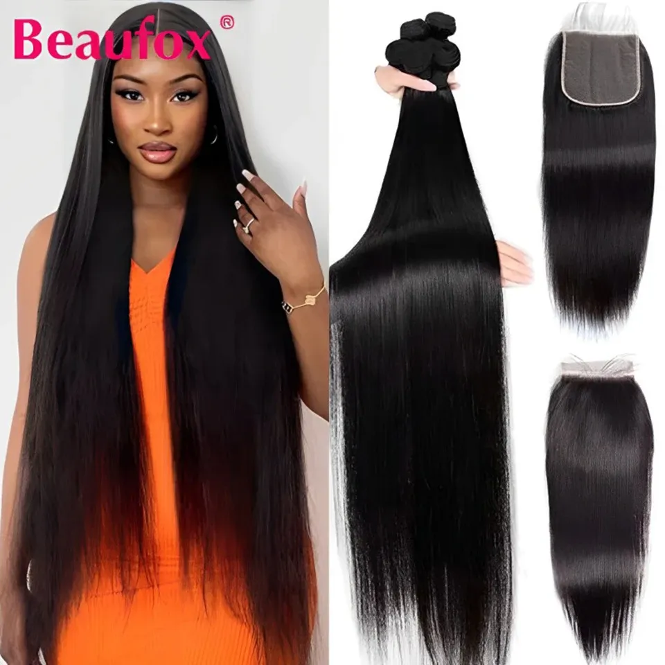 Closures Beaufox Straight Hair Bundles With Closure Peruvian Human Hair Bundles With Closure Double Weft Remy Hair 3 Bundles With Closure