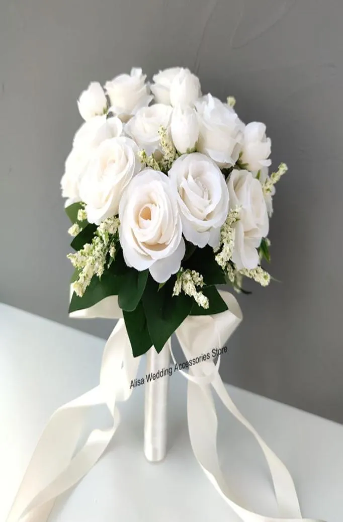 Bridal Bridesmaid Wedding Bouquet White Silk Flowers Roses Artificial Bride Boutonniere Pins Mariage Bouquet Wedding Accessories1082844