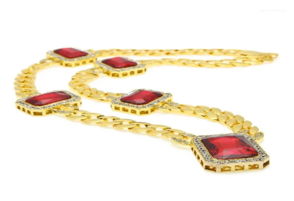 Łańcuchy Men039miami Cuban Link Naszyjnik Złote Silve Kolor 5pcs Square Red Gem Crystal 30quot Full Rhinestone Hip Hop Rock Jewel9790292