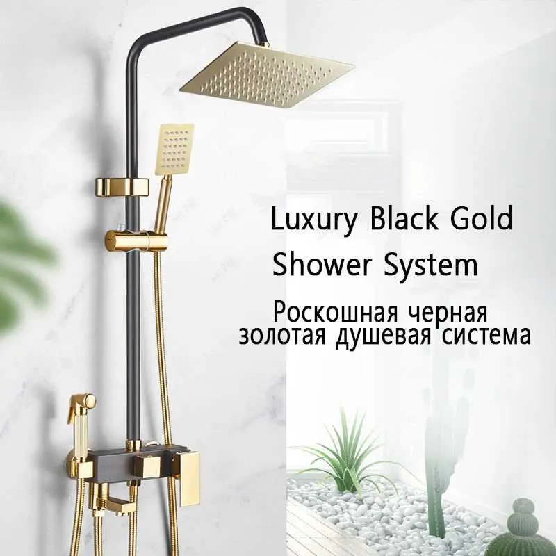 Badrumsduschuppsättningar Luxury Black Gold Rainfall Dusch Kanen Set mässing Badrum Duschsystem Badtub Heta och kalla mixertappar Uppsättningar med bidetkran T240422