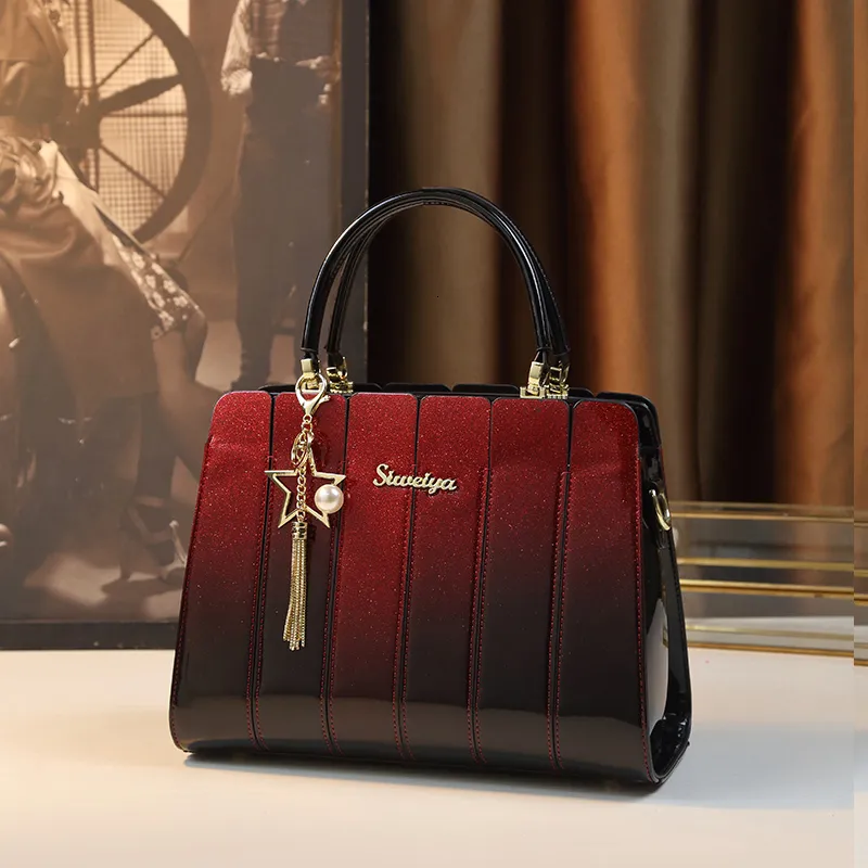 Gradient Patent Leather Patchwork Commuting Bag - Large