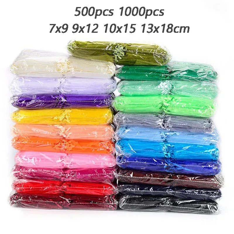 Bags 500/1000pc Organza Drawsting Bags 7x9 9x12 10x15 13x18cm Valentine's Day Easter Wedding Party Gift Packaging Bag Jewelry Pouches