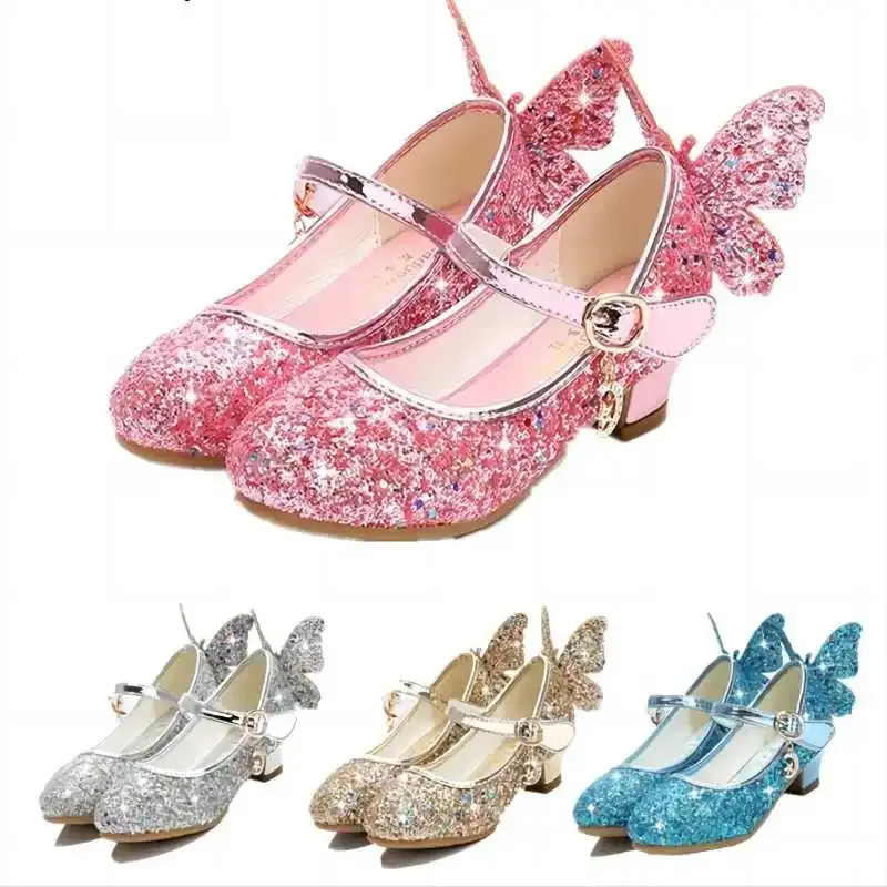Princess Butterfly Leather Shoes Kids Diamond Bow Knot High Heel Children Girl Glitter Shoes Fashion Girls Party Dance Shoe 240422