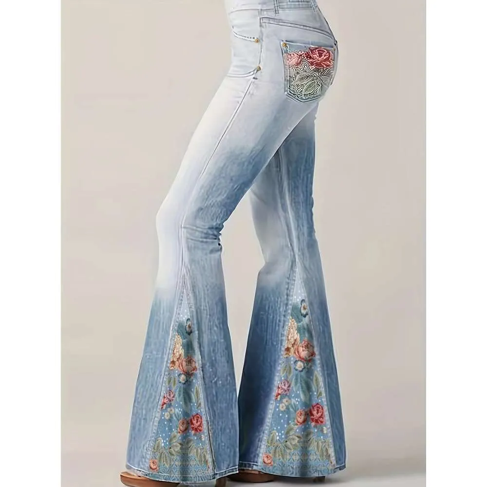 Jeans pour femmes hauts hauts pantalons bleus 2023 Fashion brodée Bell Bottwear Streetwear Spring Summer Lady X0920