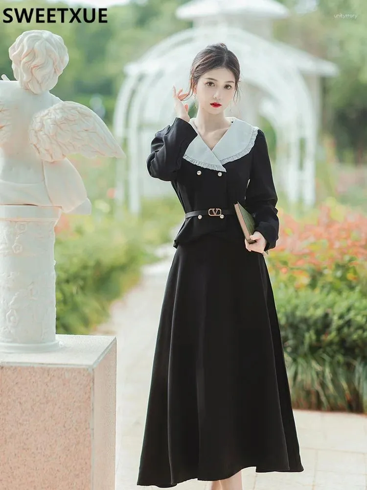Work Dresses for Women 2024 Elegant Black 2 Piece Office Set Formal Lapel Top Coat and Midi Skirt Slim Suit with Belt
