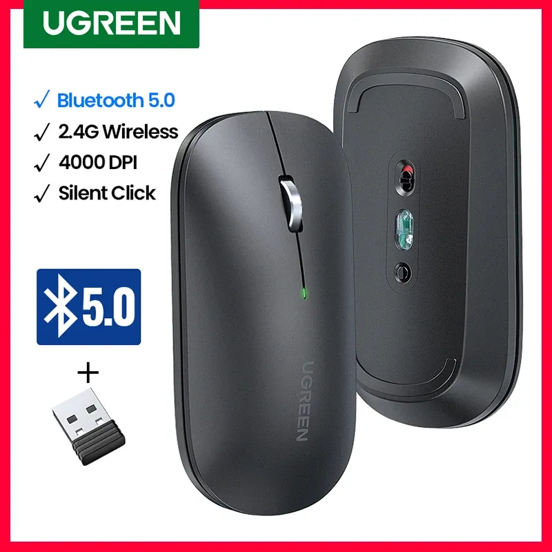 Möss ugreen mus trådlös Bluetooth 5.0 2.4G Dual Mode Mouse 4000DPI Silent Mice for Book PC Tablet Laptop Mouse