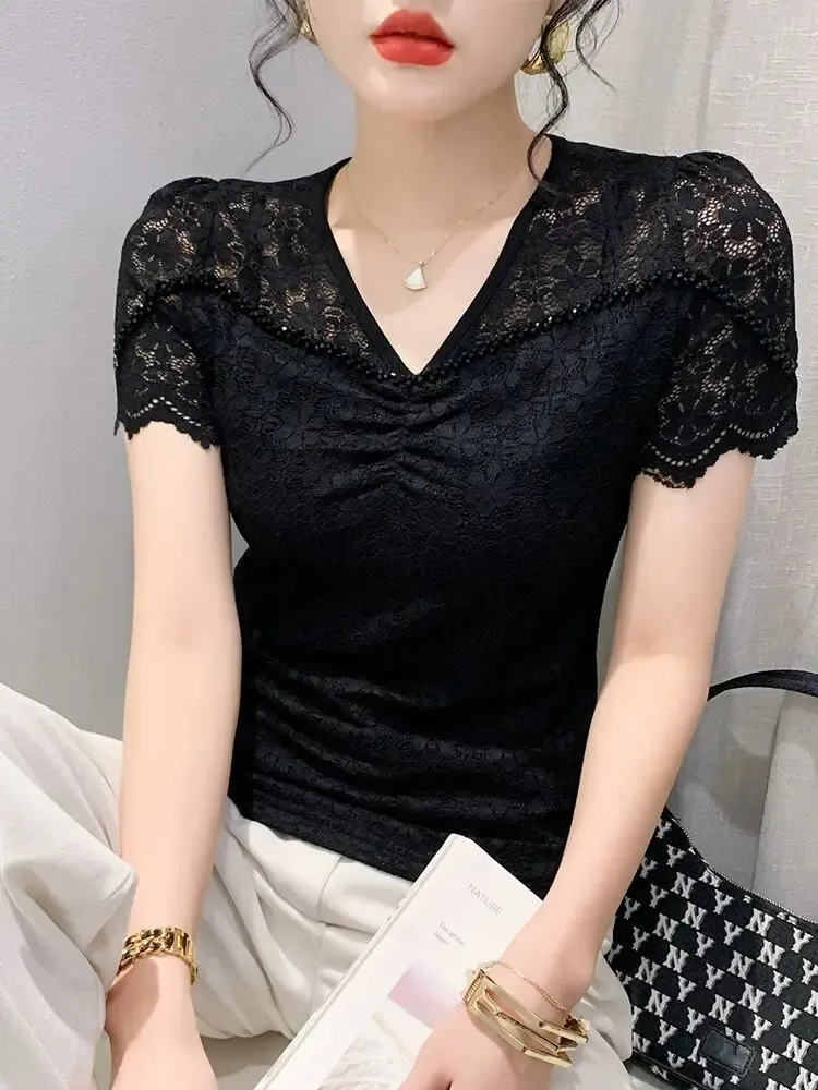 2024 Embroidered Flares V-neck Lace Female Splicing T-shirt Spring Summer Slim Shirring Woman S-3XL Short Sleeve Elegant Chic 240412
