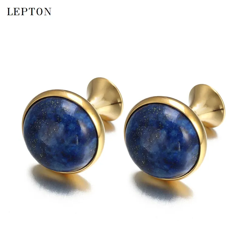 Links Lowkey Luxury Lapis Lazuli Cufflinks For Mens Gold Color Lepton High Quality Round Lazurite Stone Cuff Links Relojes Gemelos