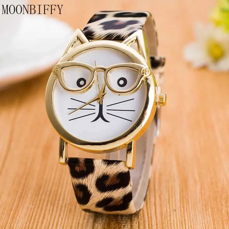 Montre-bracelets Femmes Genève montre en cuir bracelet analogique quartz montres de bracelet léopard pour visage de chat
