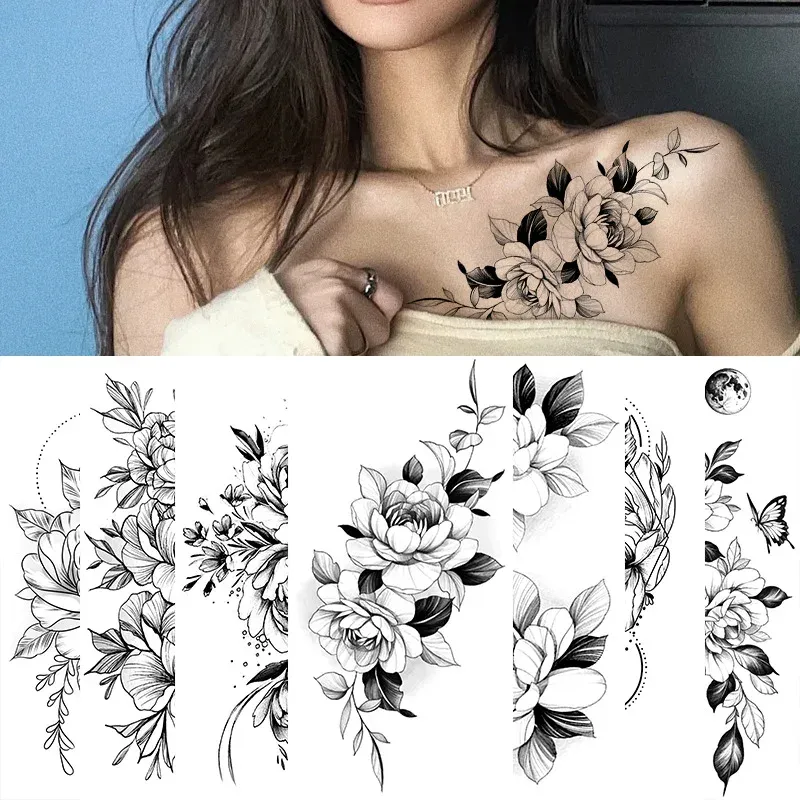 Tatuaggi di grandi dimensioni Black Flower Pattern Fallo Tattoo Adesivo per donne DOT PEONIA ROSA TEMPOUSE TAZIONI TAZIONI DAY TATTOO GIORNI