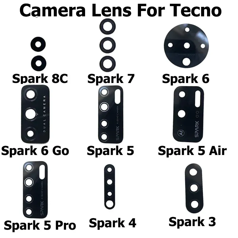 Filtros novas lentes de vidro da câmera traseira para Tecno Spark 7 6 5 4 3 8C Go Air Pro com peças de reparo de lentes da câmera traseira de adesivos de cola com cola
