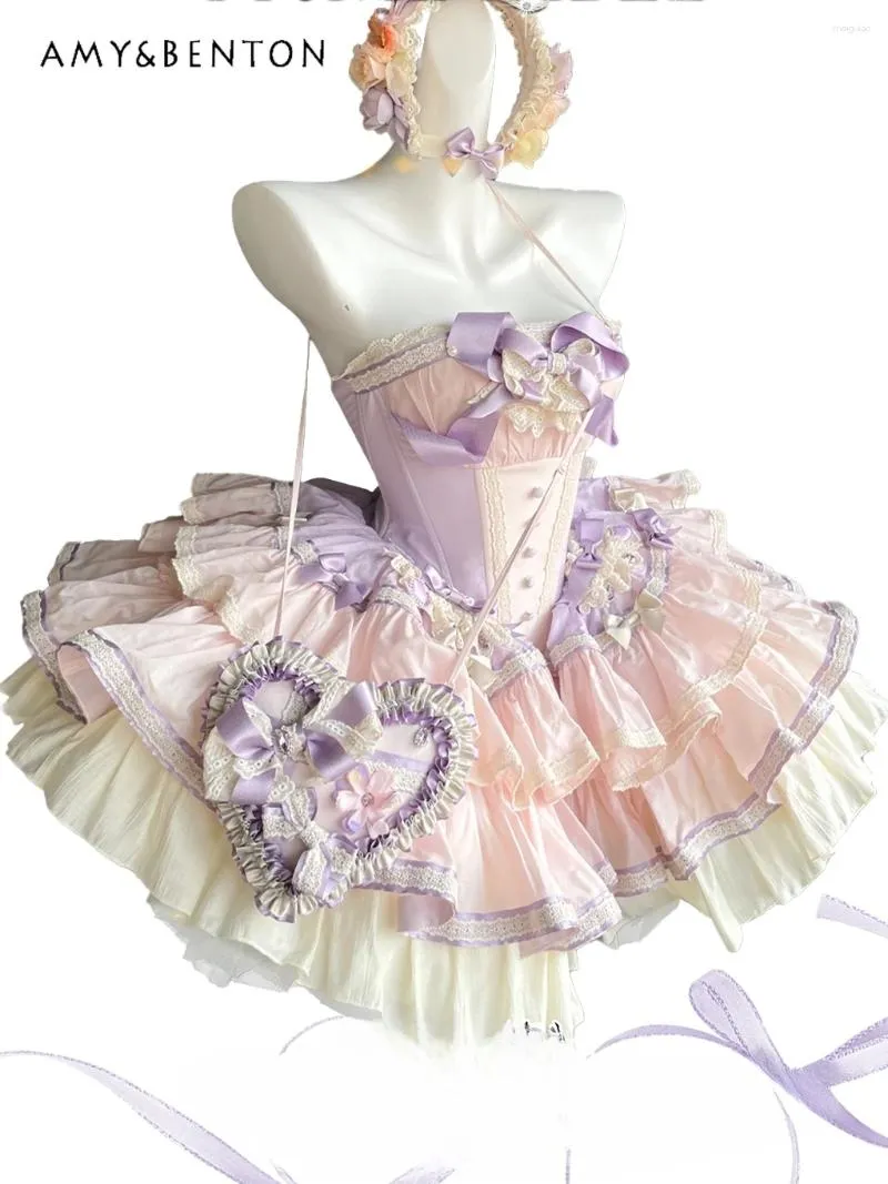 Abiti casual quotidianamente kawaii lolita dolce simpatico fiocchi di abito da ballo da ballo da ballo principessa di alta qualità per donne estate sexy