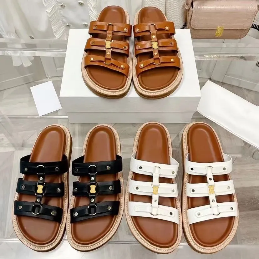 En kaliteli gladyatör tippi terlik tasarımcısı kadınlar deri rahat ayakkabılar lüks plaj açık havada düz yaz platformu sandal havuzu katır erkekler loafer bayan sliders