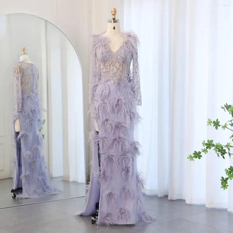 Abiti da festa Jancember Feathers Lilac Mermaid Serate lunghe maniche lunghe abiti da sposa con donna arabo a V SZ183