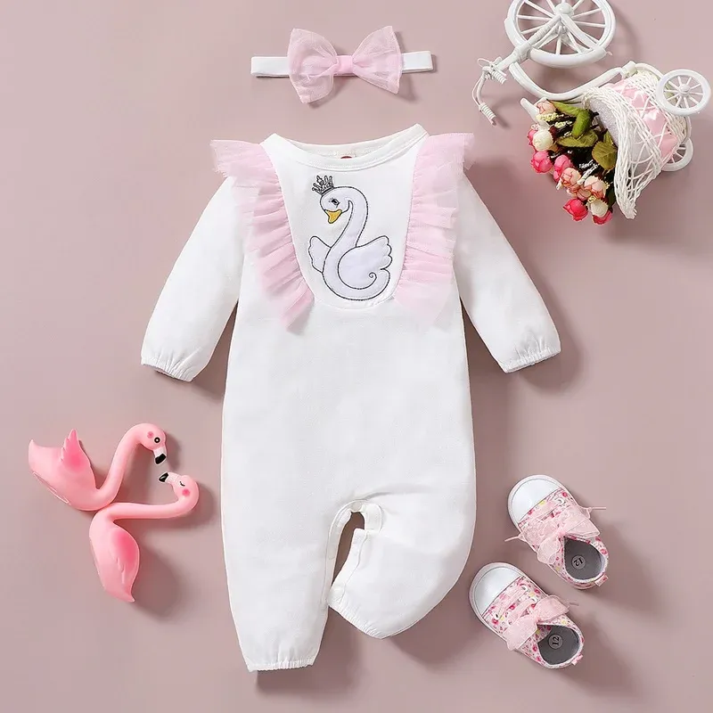 Endelar Nya vårens höst babykläder flicka 2st svan broderi mesh rufsar långärmad baby rompers+pannband baby flicka romper 018m