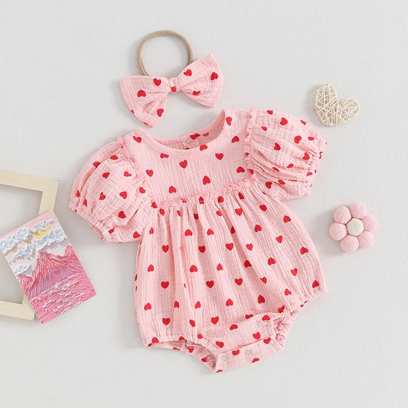 One-Pieces Summer Cute Baby Girls Romper Cotton Valentine's Day Infant Clothes Short Puff Sleeve Heart Print Jumpsuit with Bow Headband Set