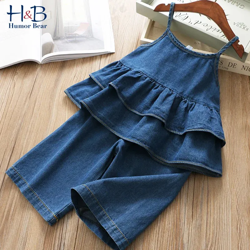 Humor Bear Summer Girls Clothing Set Korean Denim Suspender Jacket Topwide Ben Pants 2st Casual Kids Clothes 240424