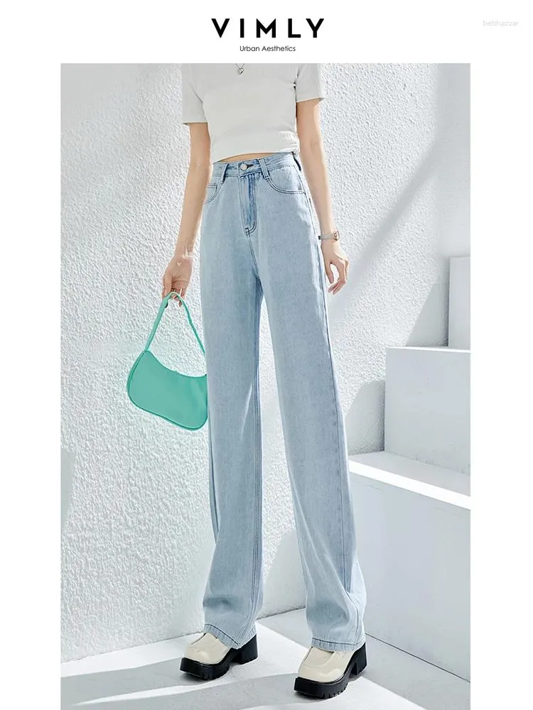 Jeans para mujeres Vimly Light Blue Straight For Women 2024 Summer Pantalones sueltos Pantallas de pierna ancha Algodón Algodón de algodón