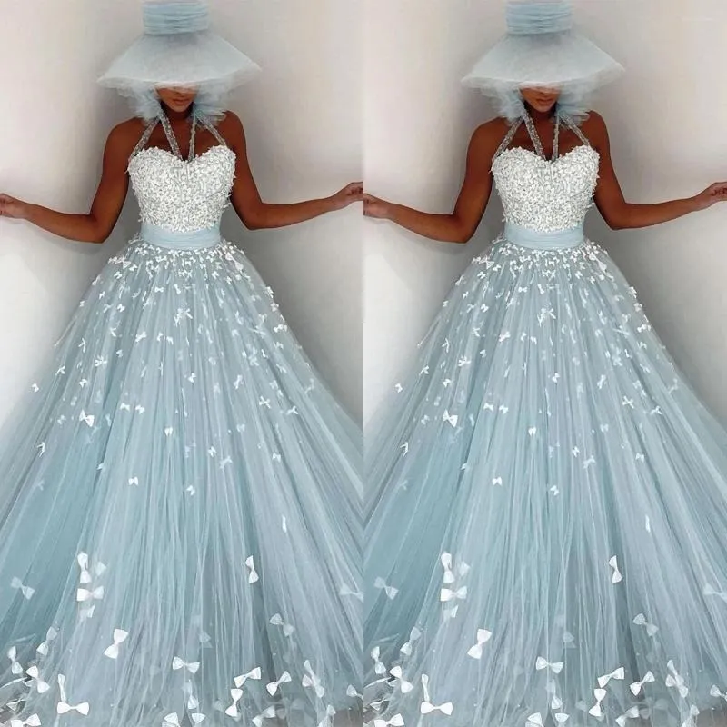 Party Dresses Light Blue Mermaid Evening Butterfly Appliques Sequin Pleat Prom Gowns Sexy Halter Ladies Vestido De Novia