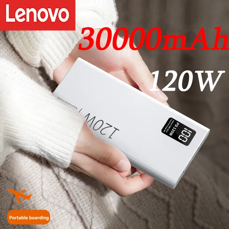 Casos Lenovo 120W 30000mAh Power Bank de alta capacidade de carregamento rápido Powerbank portátil carregador de bateria para iPhone Samsung Huawei Xiaomi