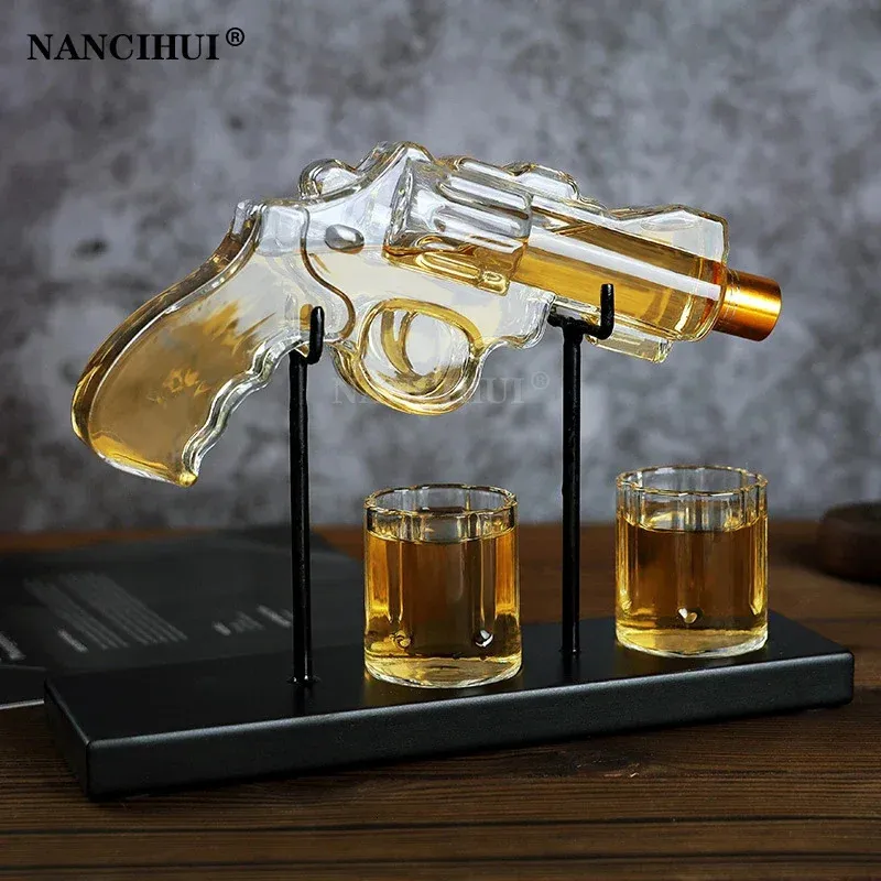 Revolver Glass Decanter Whisky Set Wine Dispenser Bar Drinking Container Pistol Shaped Bottle Exquisite Mens Gifts 240420