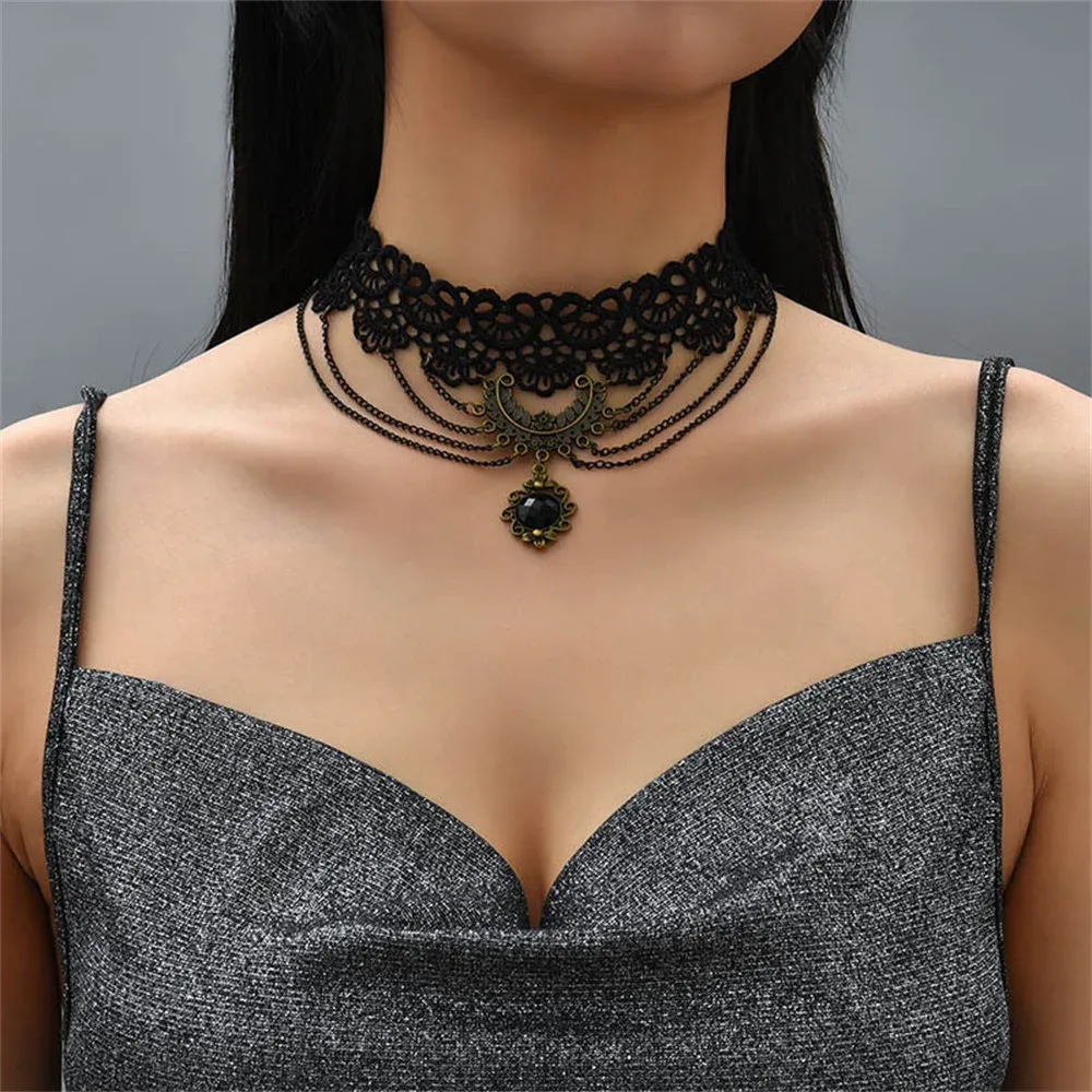 Necklaces Gothic Hollow Chain Layered Lace Choker Necklace Vintage Black Acrylic Gemstone Leaf Pendant Collar Necklace For Women
