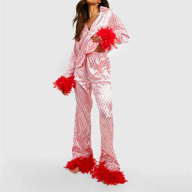 Xingqing Valentines Day Pajamas Set Y2K Women Heart Print Feather Cuff Tops Long Sleeve With Pants Loungwear Sleepwear 240423