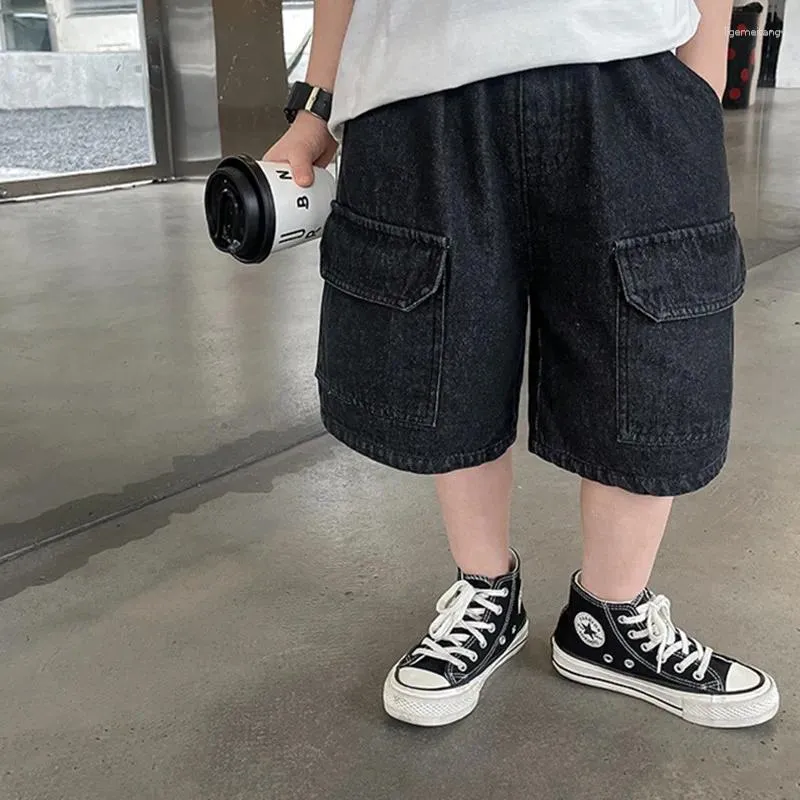 Trousers 2024 Summer Kids Solid Color Denim Shorts Children Loose Knee-length Jeans Boys Casual Middle Pants