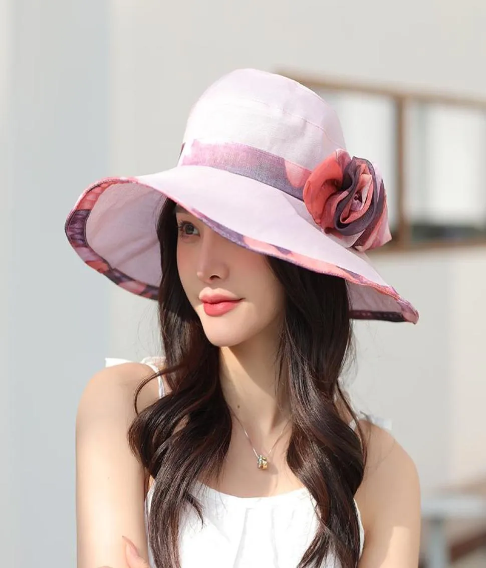 Breda randen hattar elegant solhatt för kvinnor sommar stora damer mode blomma fiskare antiuv rese strand 20229243715