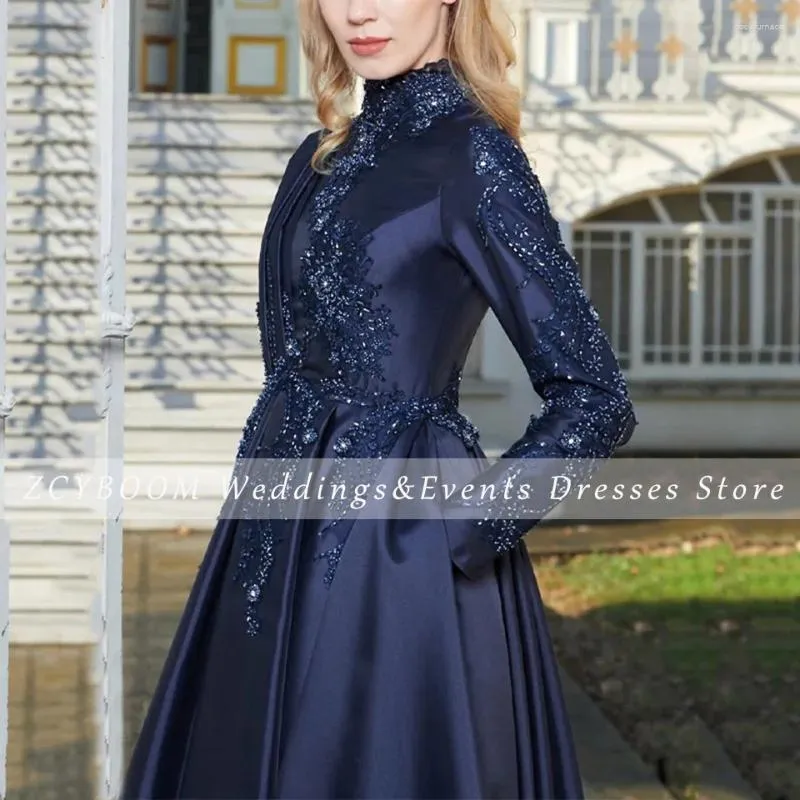 Navy Blue Evening Dress Elegant Sequin Appliques Long Sleeves Muslim Party Gowns 2024