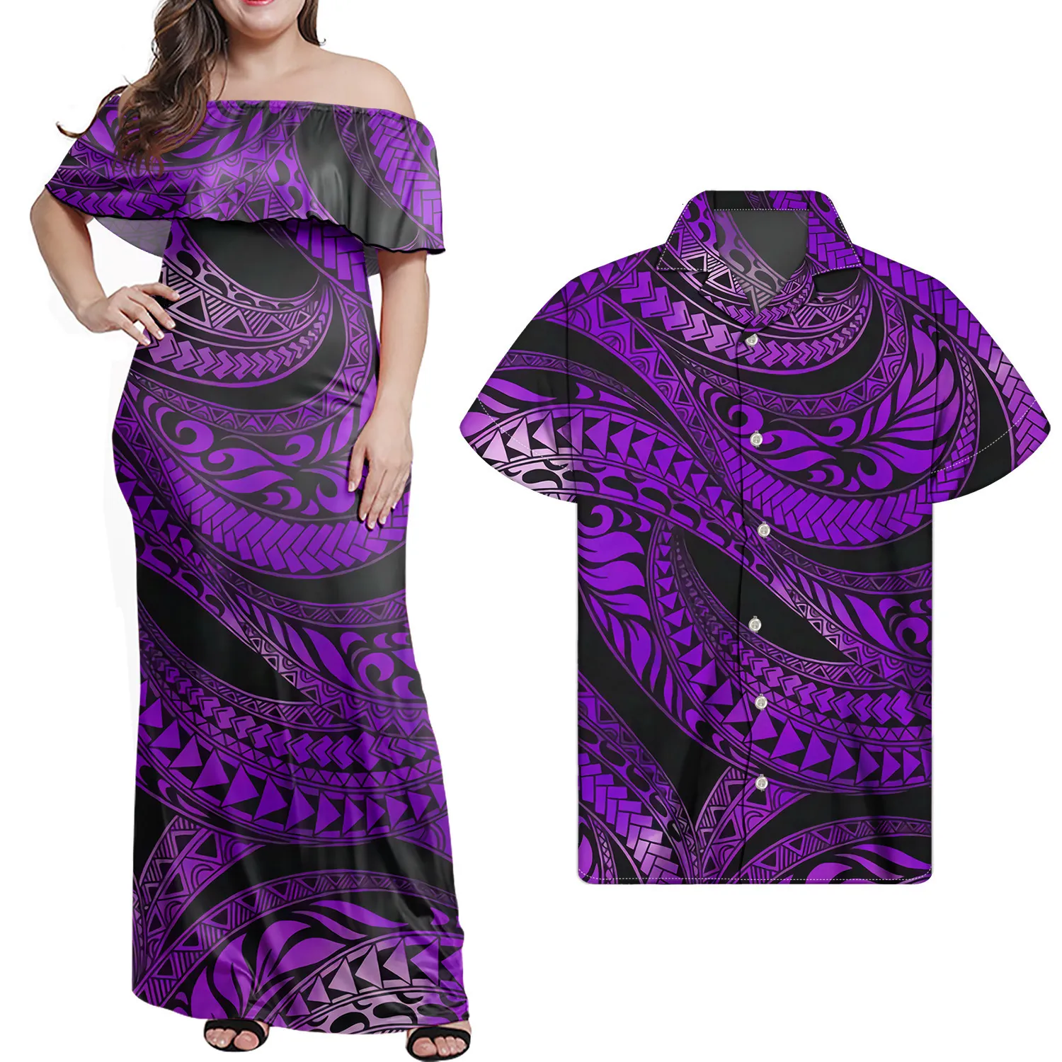 جزيرة ساموا طباعة فستان رجالي قميص كبير زوجين مجموعة 240424