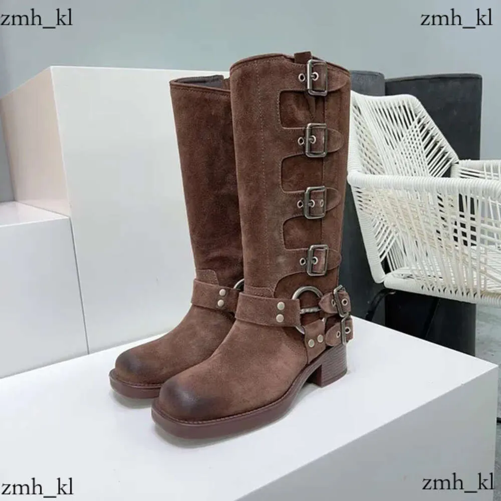 Shoes Boots Harness Belt Buckled Cowhide Leather Biker Knee Chunky Heel Zip Knight Square Toe Ankle Booties Women Luxury Designer Factory 991