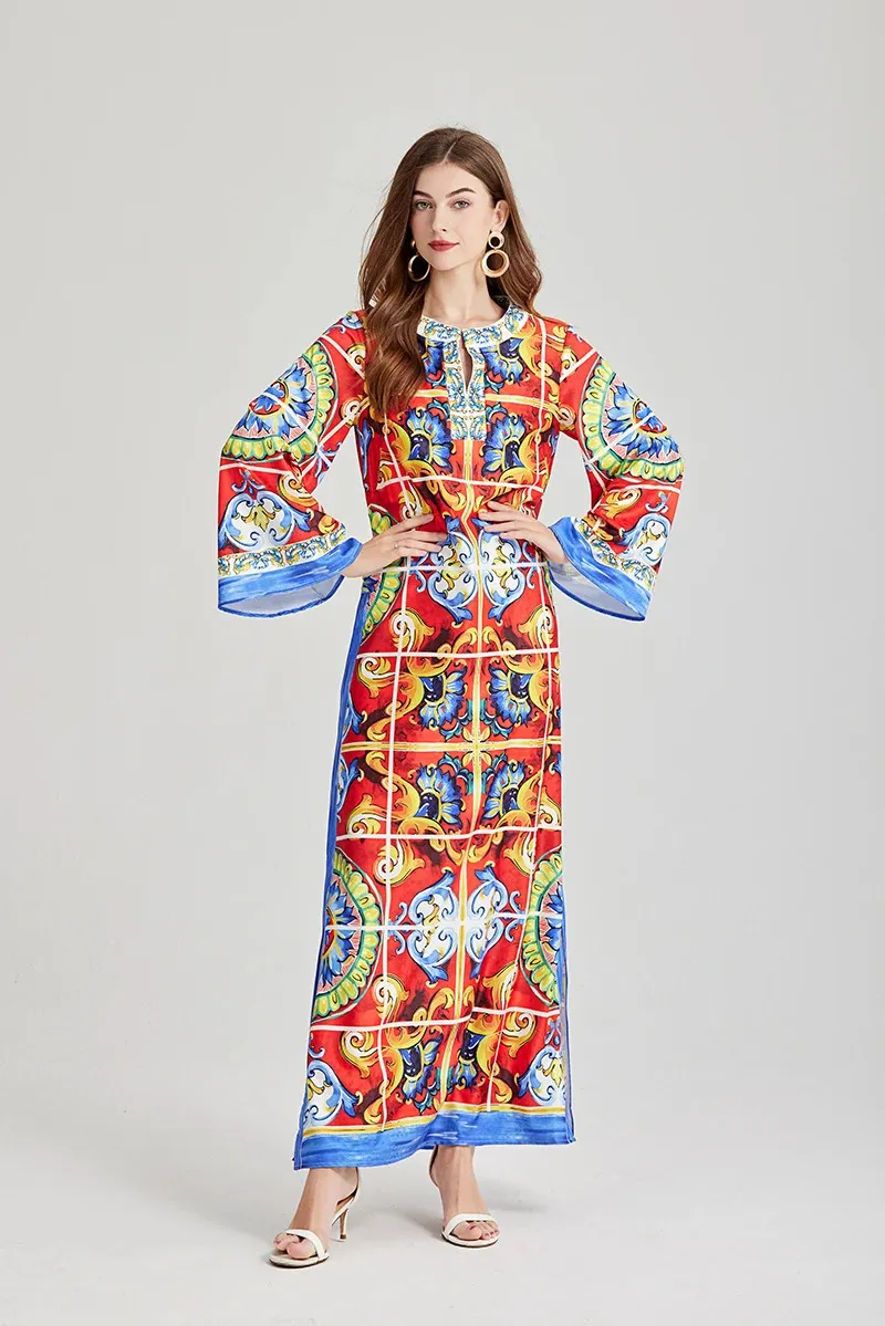 Summer Bohemian Holiday Loose Maxi Dress for Women Long Sleeve Oneck Flower Print Side Split Muslim Robe Vestidos 240418