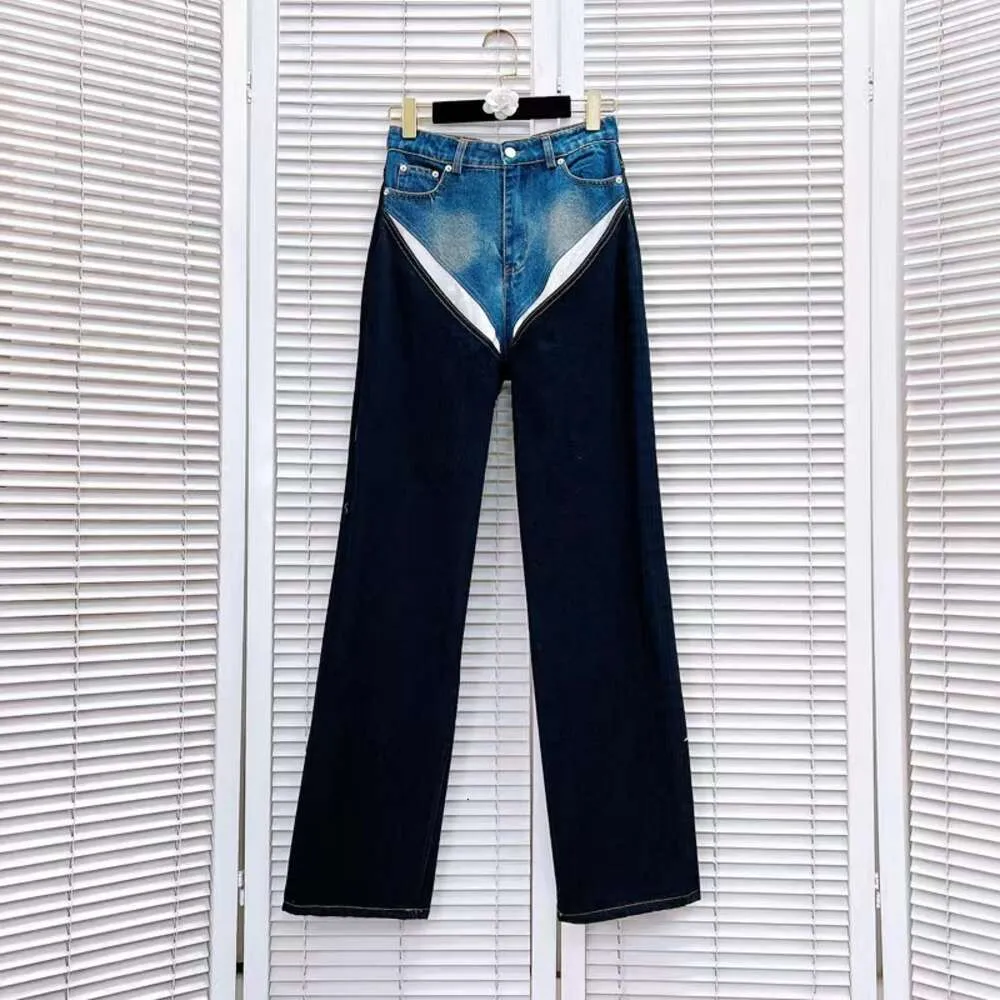 Spleißen gefälschte zwei Stücke Jeans Jeans Hosen Frauen Designer Kleidung hohe Taille gerade Bein Hosen Streetstyle Jean Hosen mit Gürtel