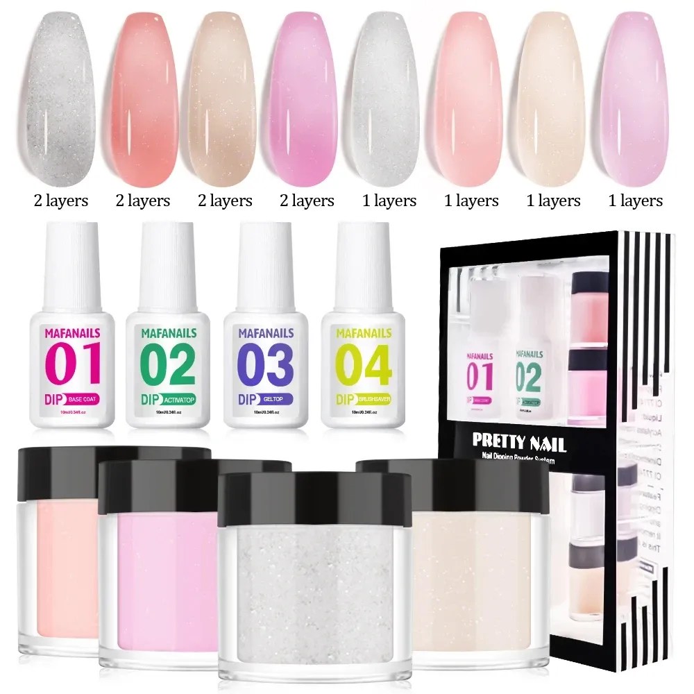 Líquidos Dipe pó do kit de unhas de unhas 4 4 nude pó de pó semitransparente Mer imertador + 4 etapas para iniciantes em gel de base superior ativador