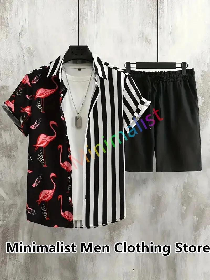 Fashion Mens Hawaiian Black Flamingo Strip Print Set Short Sleeve Casual Button Shirt Beach Shorts Suits Vacation Two Piece 240410