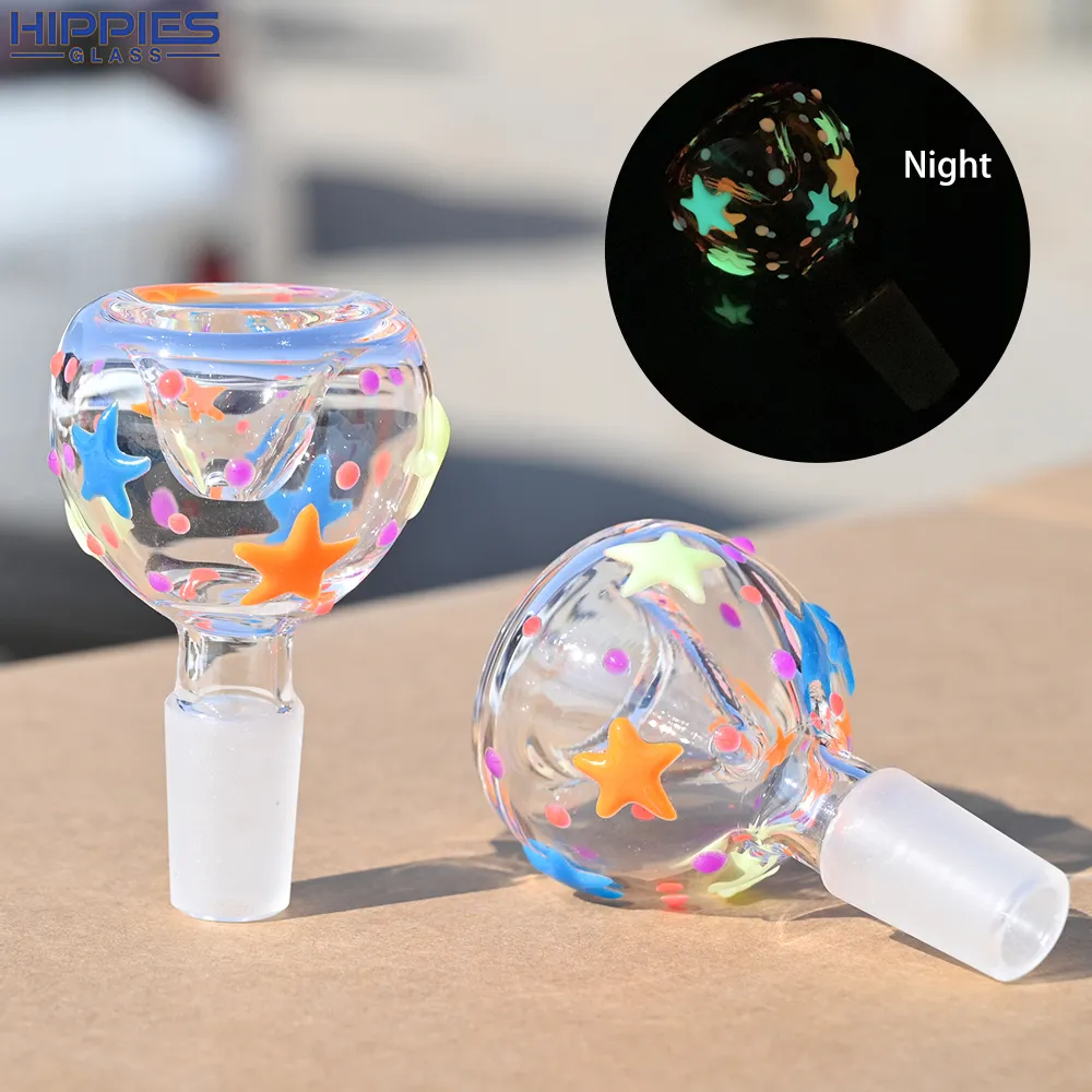 2pcs 6.5cm/2.5in Borosilicate Glass Pipe Accessories,Luminous Hand Drawn Cute Stars & Moon Pattern,14mm Male Glass Bowl,Smoking Accessories