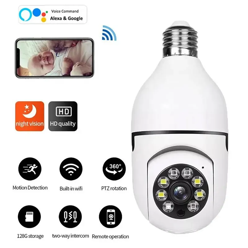 كاميرات 360 درجة لاسلكية E27 المصباح المصباح WiFi كاميرا IP الذكية للأمن المنزلي مع LED Night Vision