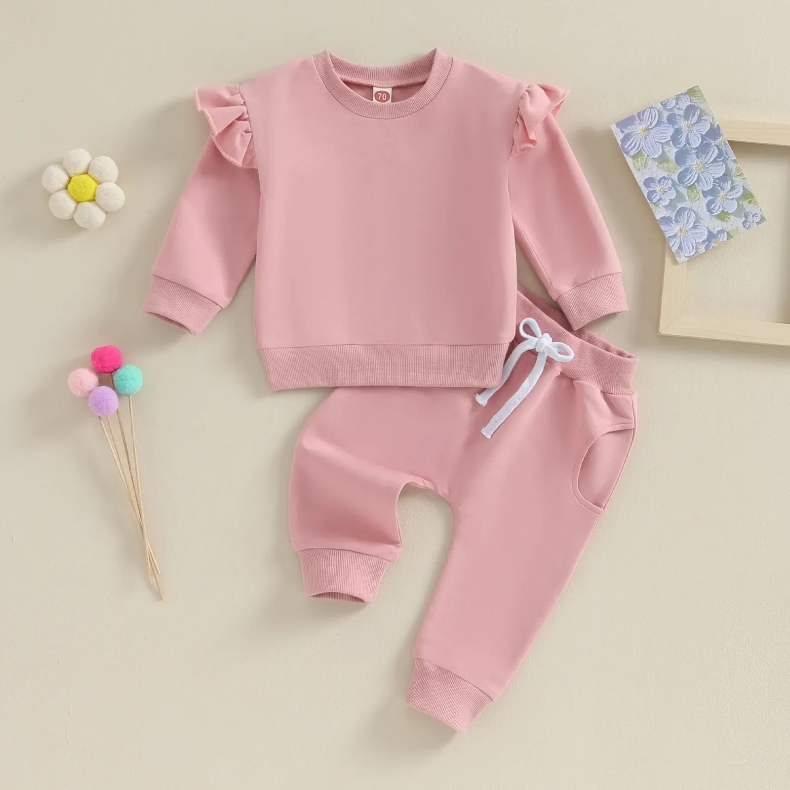 Set 2 pezzi arruffone abiti da bambino solido per bambini solidi set per bambini abiti autunnali a maniche lunghe + pantaloni set costumi casual infantili